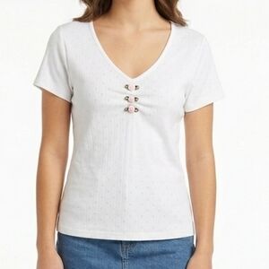 Lucky777 White Cotton Pointelle Blouse / Coquette Roses - XL - #VINTAGE#Y2KSTYLE